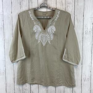Symple NYC Tan Linen Sequined Embroidered 3/4 Sleeve Blouse Top Plus Size 1X